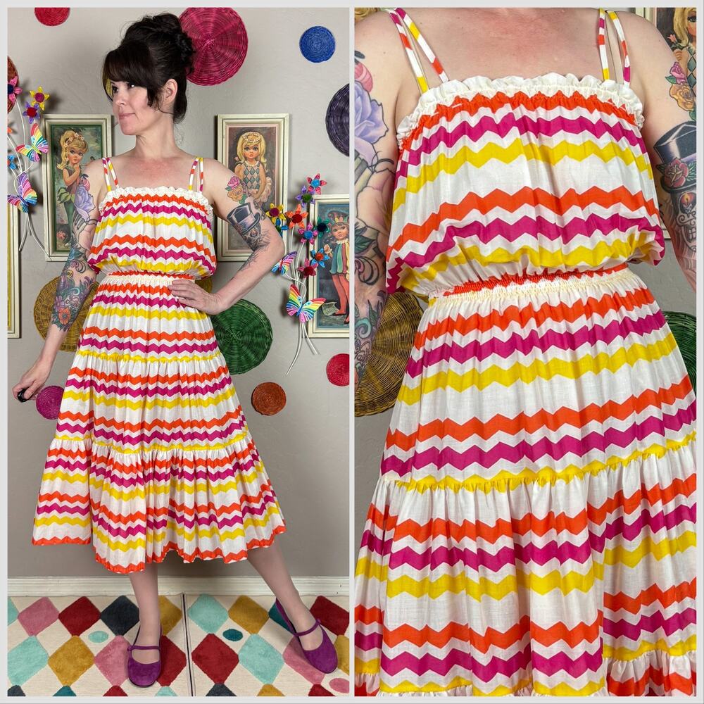 Vintage 1970s Colorful Zigzag Print Tiered Midi Sundress